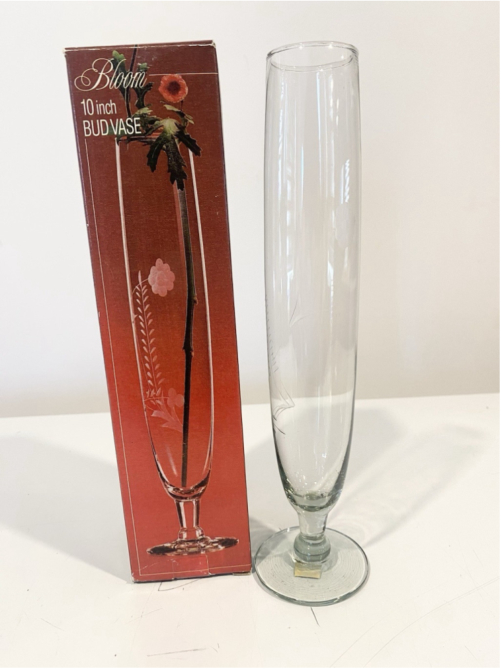 Vintage Bloom Jardin 10” Etched Glass Bud Vase Made in Mexico Original Box